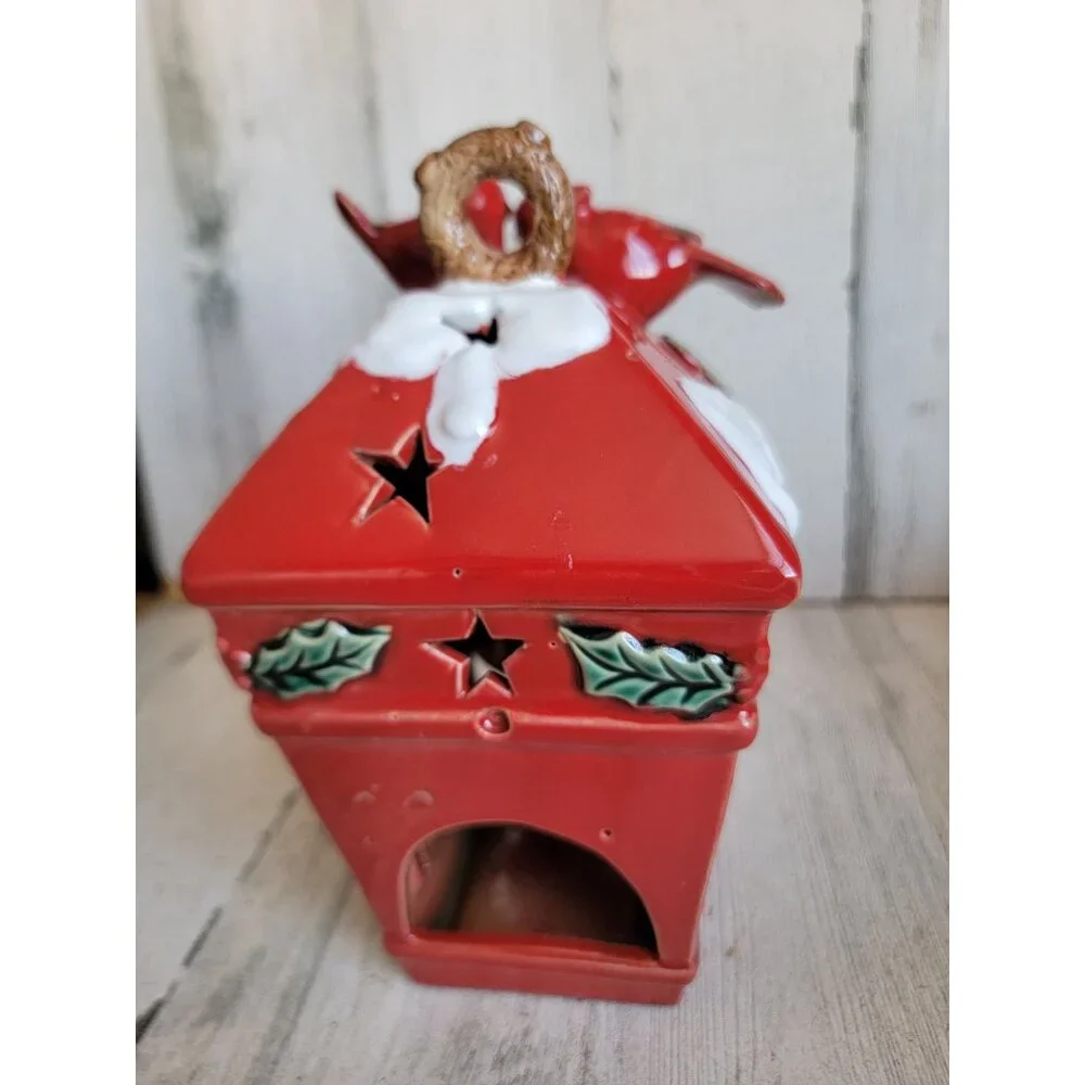 Birdhouse Ceramic red‎ cardinal tealight candle holder Xmas